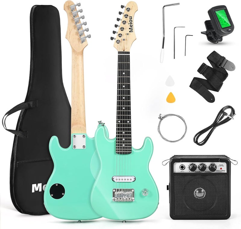 Miou 30 Inch Kids Electric Guitar Beginner Kits ST Style Mini Electric Guitar withAmp,Bag,Tuner, Picks, Cable, Strap, Strings (Green) - Image 1
